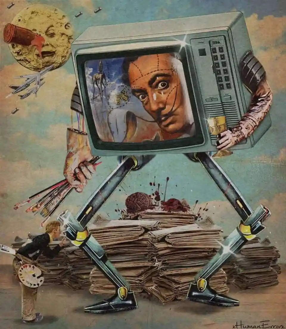A surreal painting depicts a giant robot with a vintage television set as its head, displaying a distorted human face. The…