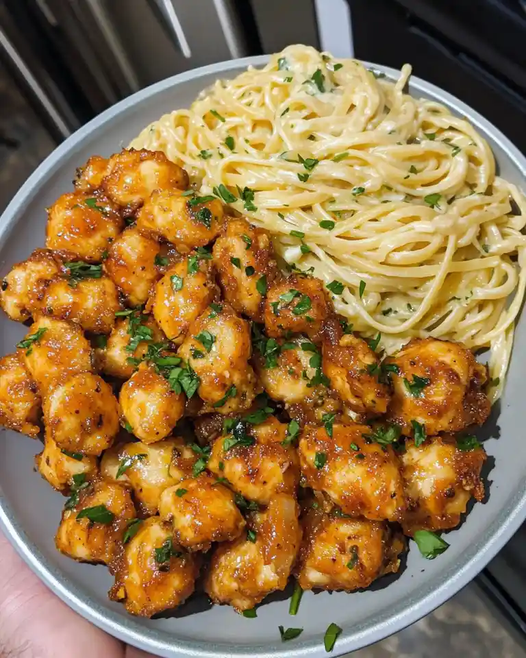 A close-up photo shows a gray plate held by a hand, containing two distinct food items: on one side, creamy pasta with…