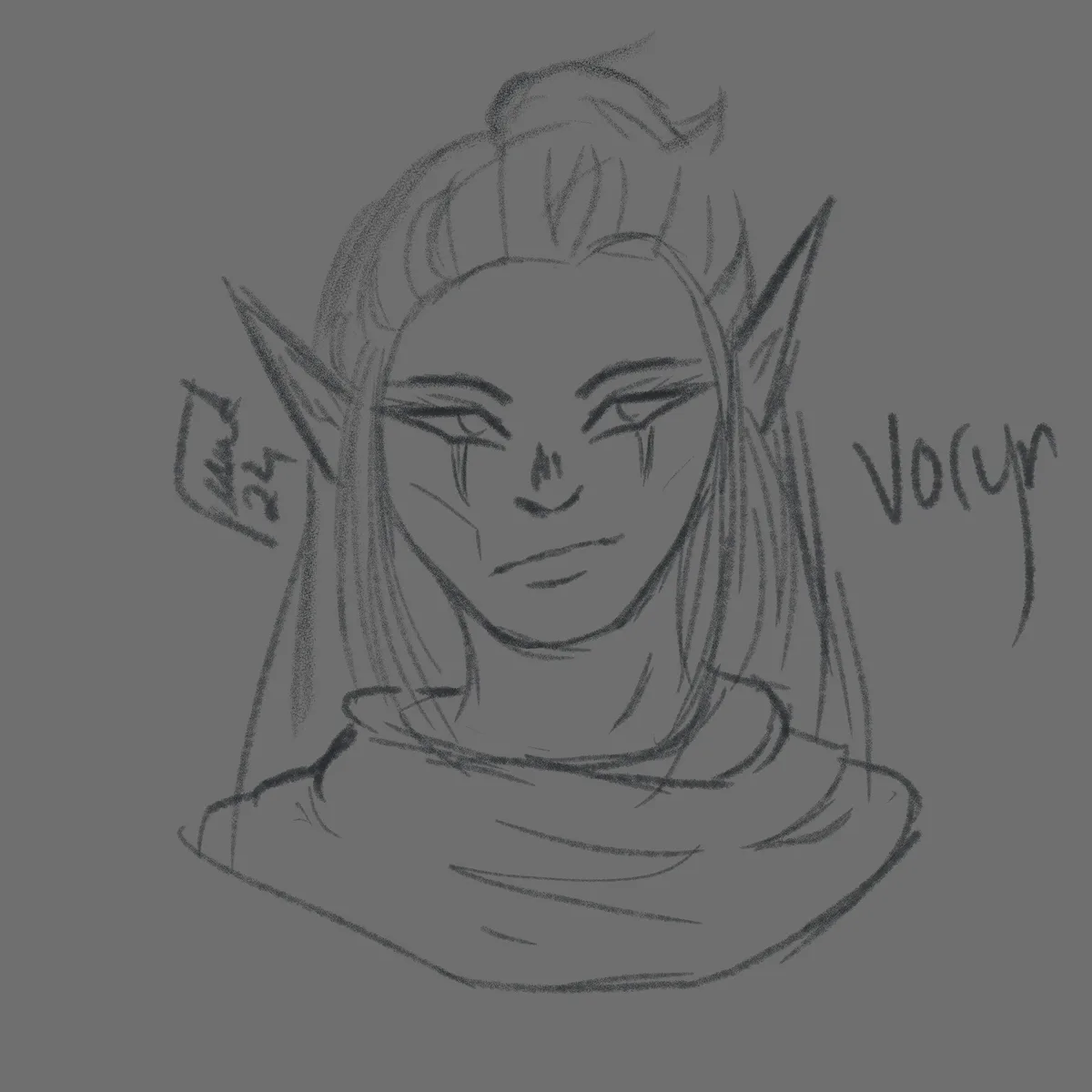 A grayscale sketch of an elf-like character with pointed ears, long hair, and a sad expression with tears streaming down…