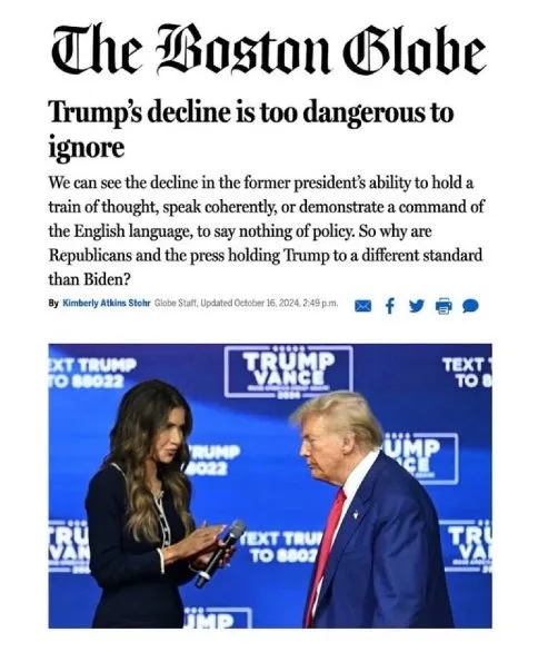 A screenshot of a Boston Globe article with the headline 'Trump's decline is too dangerous to ignore' and a photo of Donald…