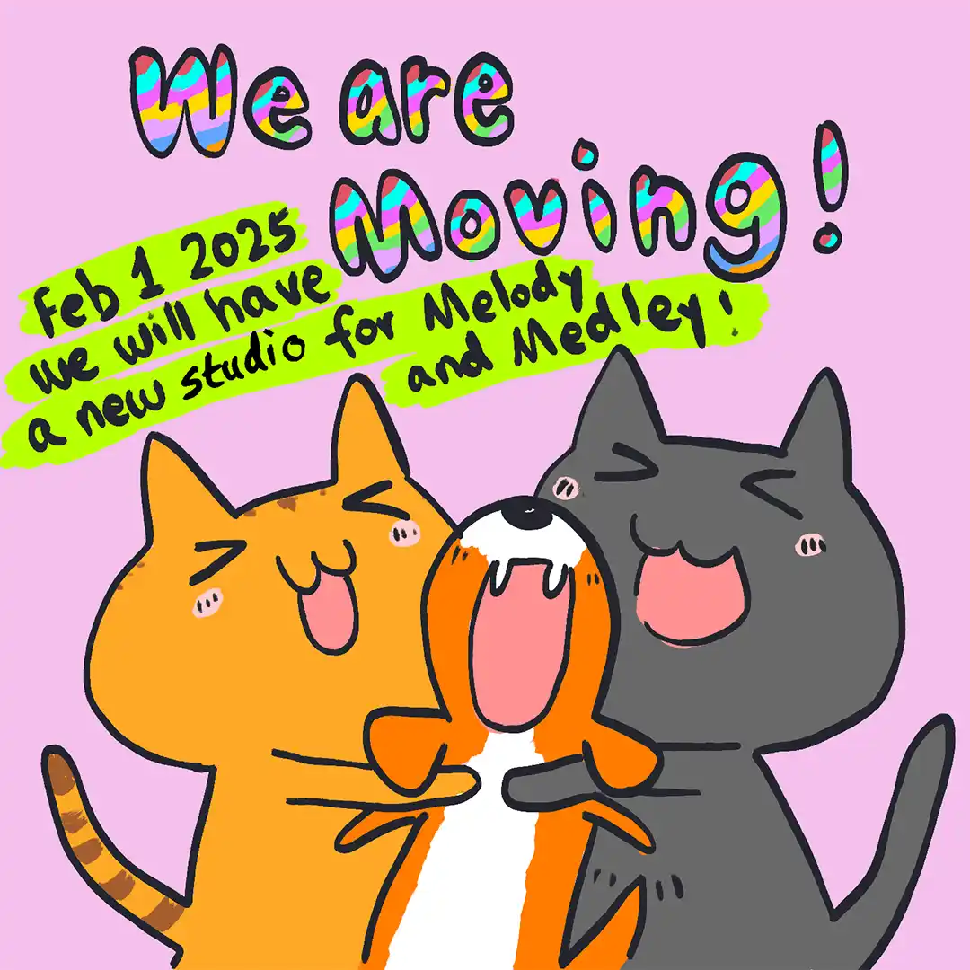Three cartoon animals — an orange cat, a white-and-orange dog, and a gray cat — are joyfully hugging each other with happy…