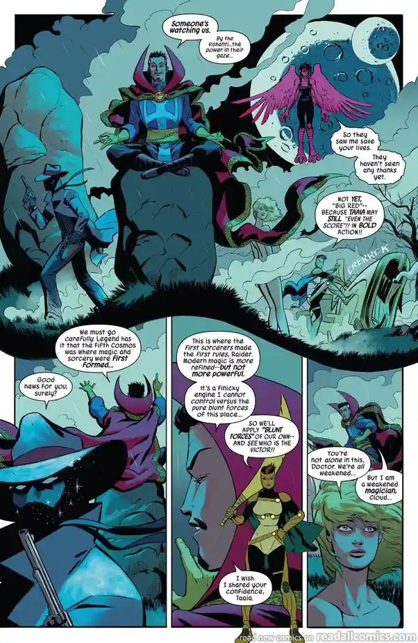 A comic book panel featuring Doctor Strange sitting atop a rock, surrounded by other characters including a winged figure…