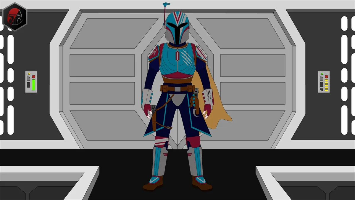 A character in Mandalorian armor, featuring a blue and red helmet with a cape, stands in a sci-fi corridor. The text…