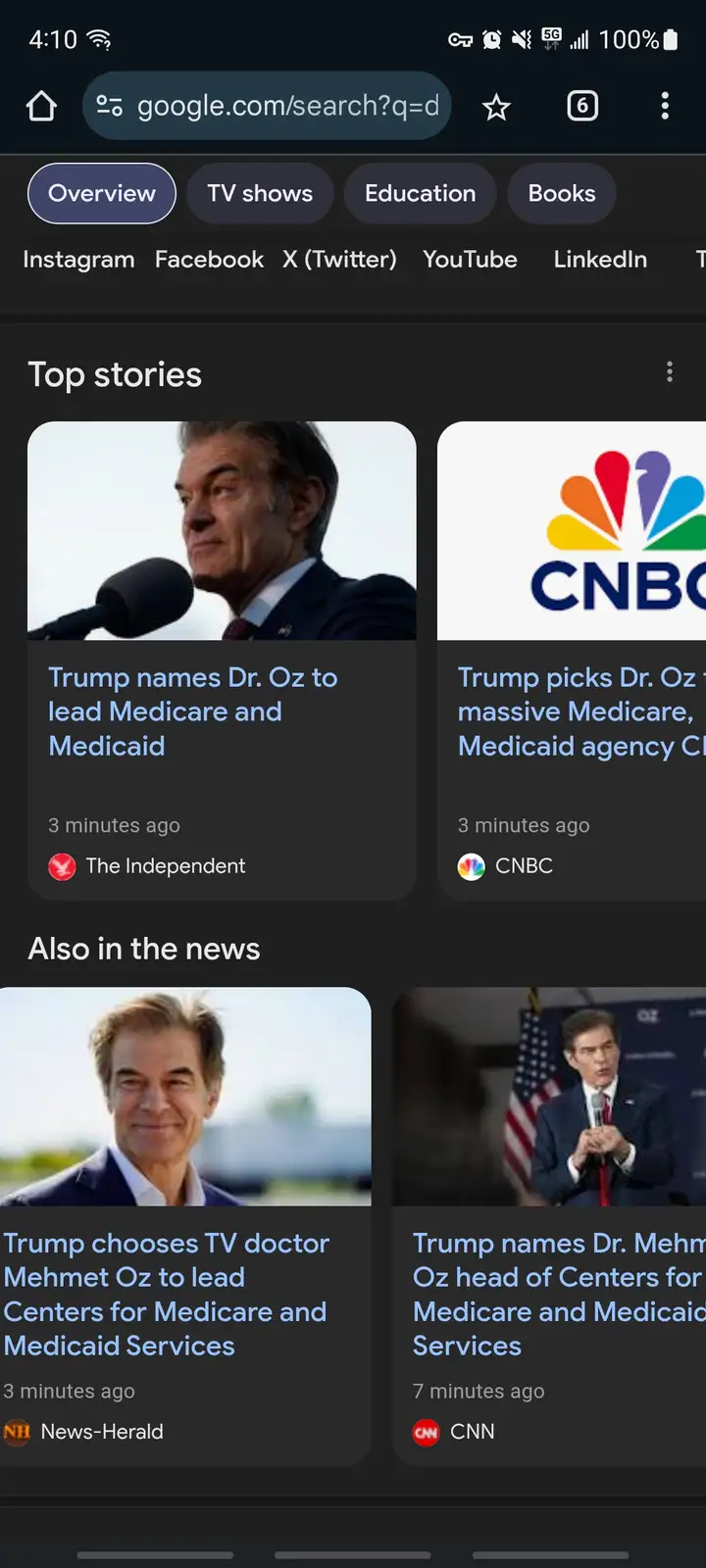 A screenshot of a Google search results page showing multiple news outlets reporting that Donald Trump has appointed Dr…