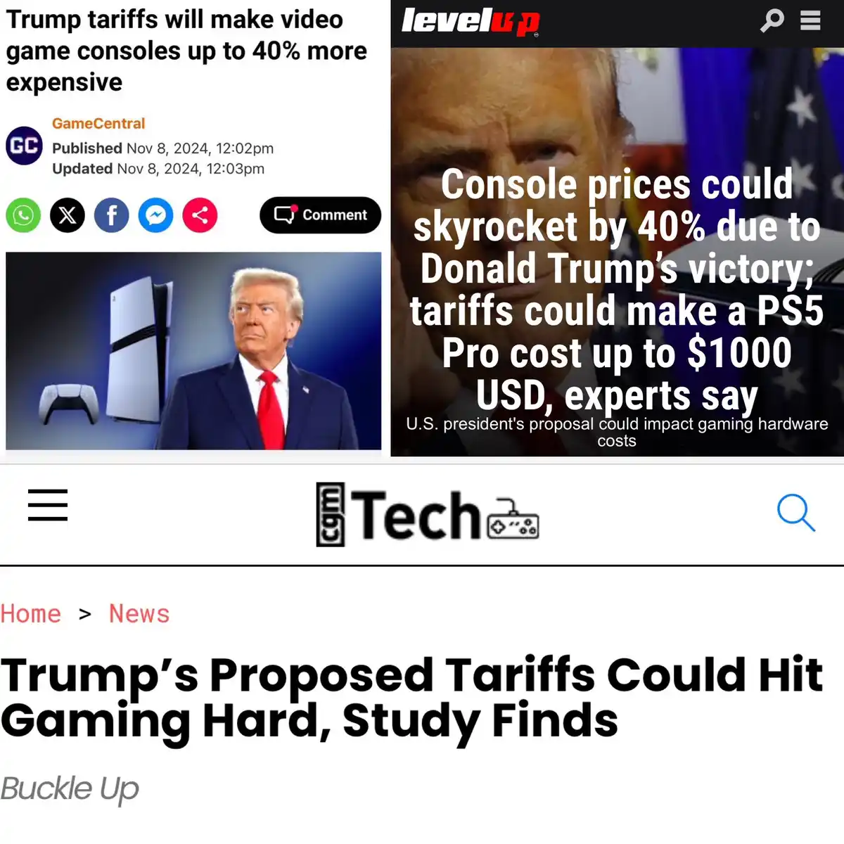 The image displays two news articles side-by-side, both discussing how Donald Trump's proposed tariffs could increase video…