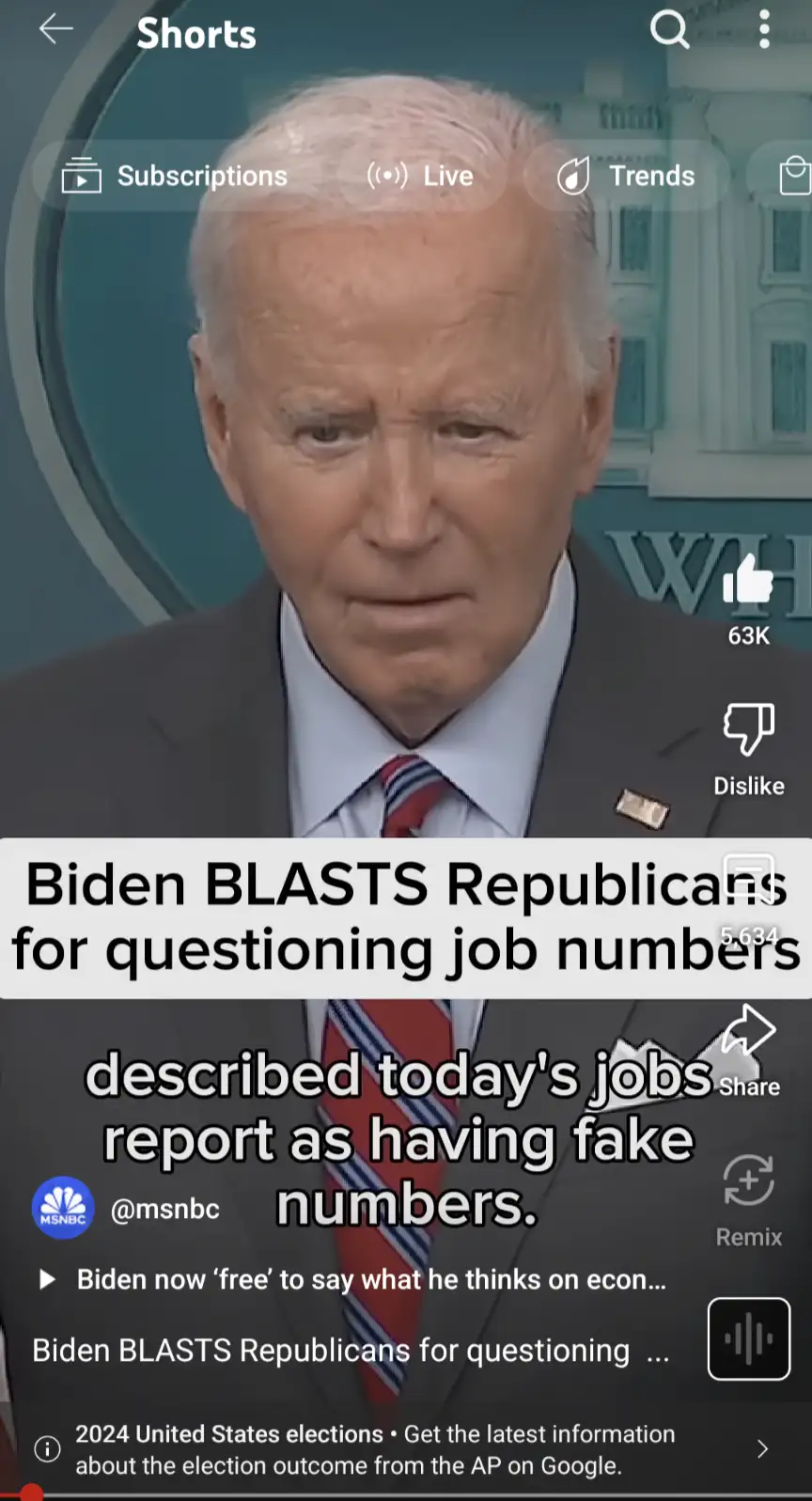 A screenshot of a YouTube Shorts video featuring a close-up of Joe Biden in a suit and tie, looking serious. Overlaid text…