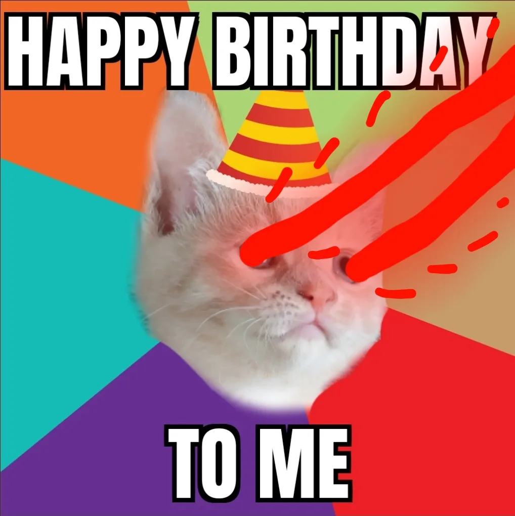 A white cat with a sad, unimpressed expression wears a red-and-yellow striped party hat against a colorful geometric…
