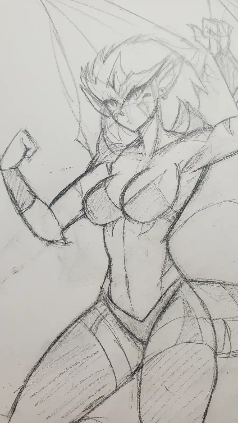 A pencil sketch of an anime-style female character with spiky hair and a determined expression, flexing her bicep. The…