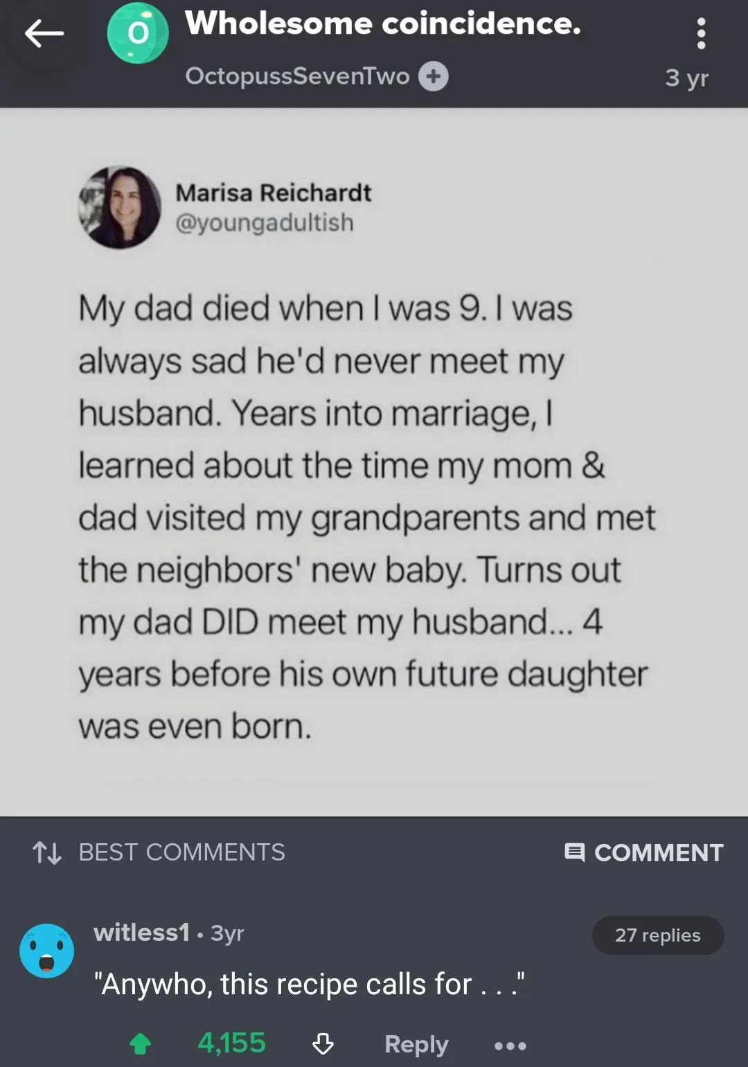 A screenshot of a Reddit post by user Marisa Reichardt, where she shares a story about her deceased father meeting her…