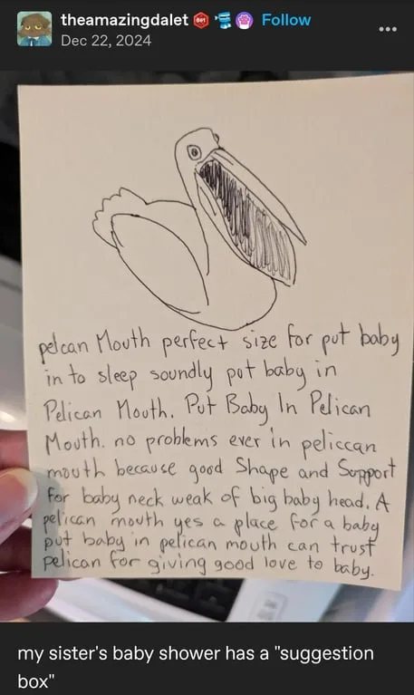A hand holds a handwritten note with a crude pencil drawing of a pelican. The note humorously claims the pelican's mouth is…