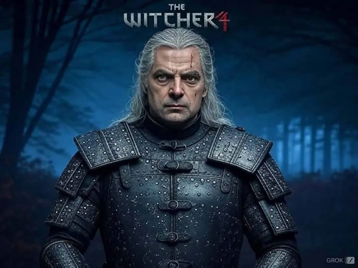 A promotional image for 'The Witcher 4' features a man with long white hair and a stern expression, wearing dark, studded…
