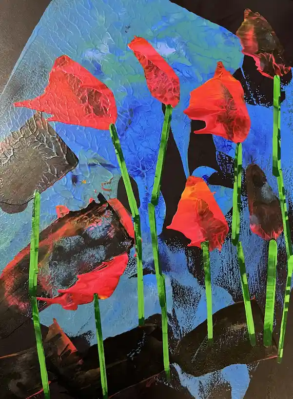 An abstract painting features vibrant red, translucent flower-like shapes with green stems against a textured blue and black…
