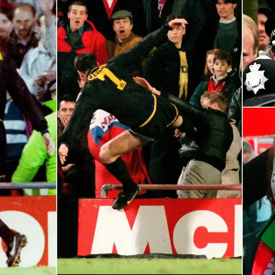 A collage of four images from a football match showing a player in a black jersey with yellow trim leaping over a barrier…