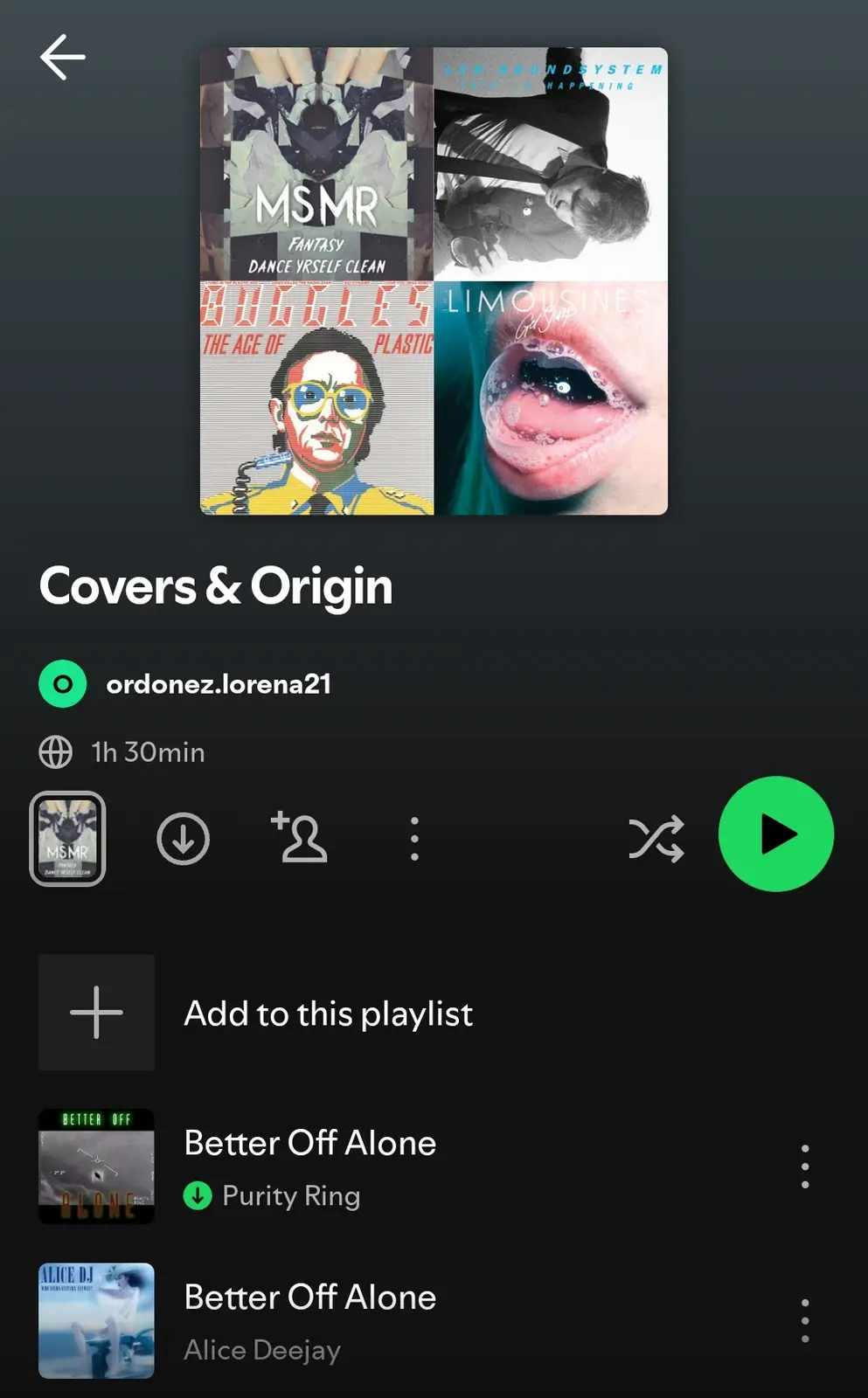 A Spotify playlist screen titled 'Covers & Origin' by user ordonez.lorena21, showing a 1h 30min duration. The playlist cover…