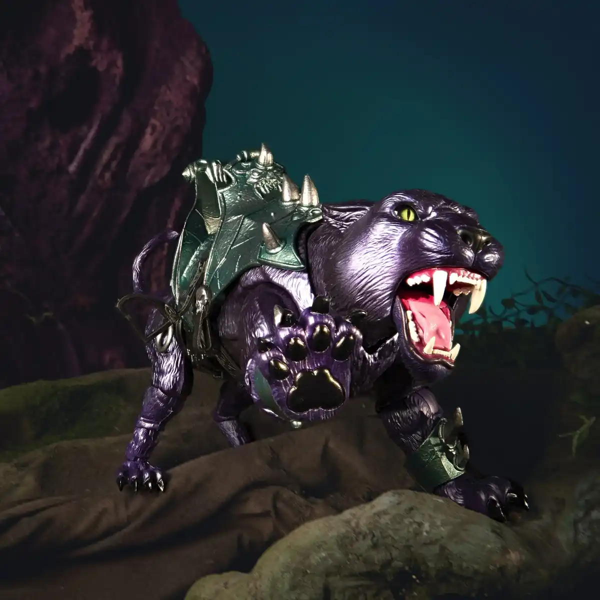 A purple, metallic toy panther with glowing green eyes and sharp fangs is shown in a roaring pose, wearing ornate green and…