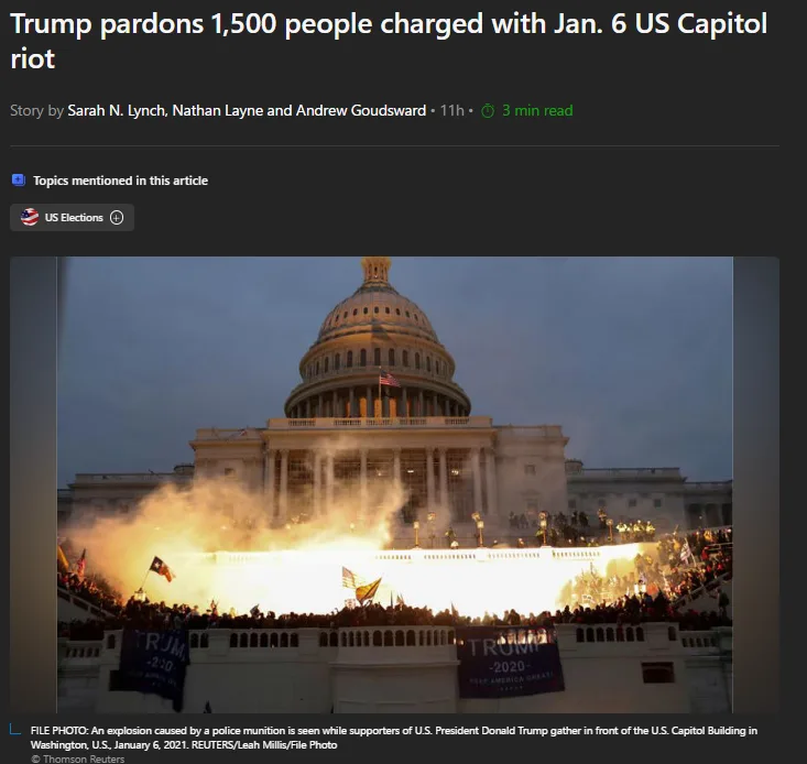 A news article screenshot shows a photo of the U.S. Capitol Building during the January 6, 2021 riot, with crowds of…