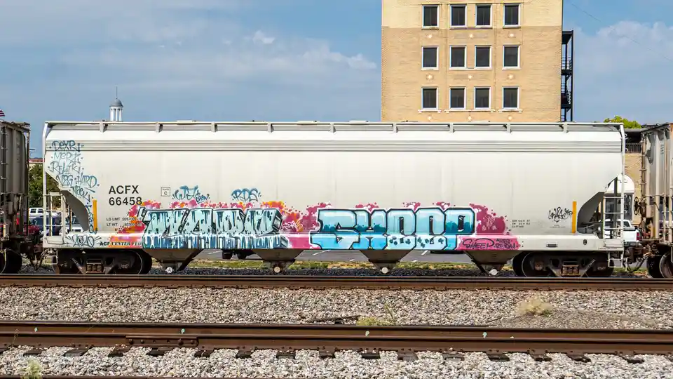 A white freight train car covered in colorful graffiti sits on tracks with a brick building in the background. The most…