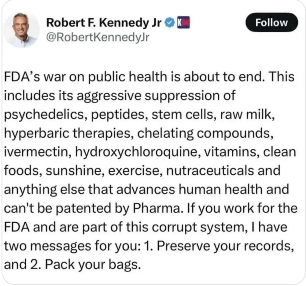 A screenshot of a tweet from Robert F. Kennedy Jr. that lists numerous health-related items and therapies, claiming the FDA…