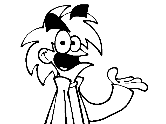 A black-and-white cartoon drawing of a character with wild hair, wide eyes, and an open mouth, gesturing with one hand as if…