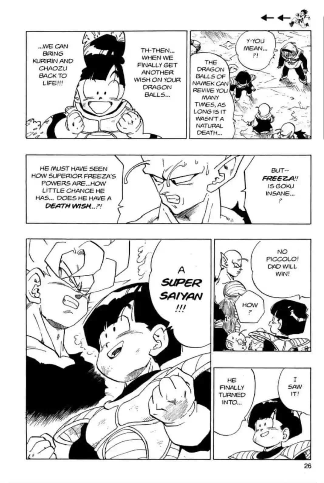 This manga panel from Dragon Ball Z shows Goku transforming into a Super Saiyan, with Vegeta reacting in shock. Piccolo and…