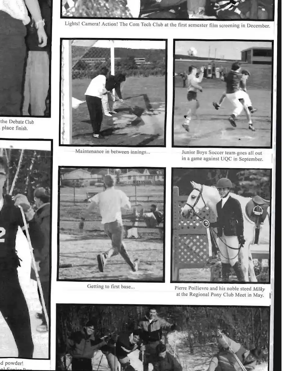 A black-and-white yearbook page collage showing various school activities: a film screening, soccer players cleaning a…