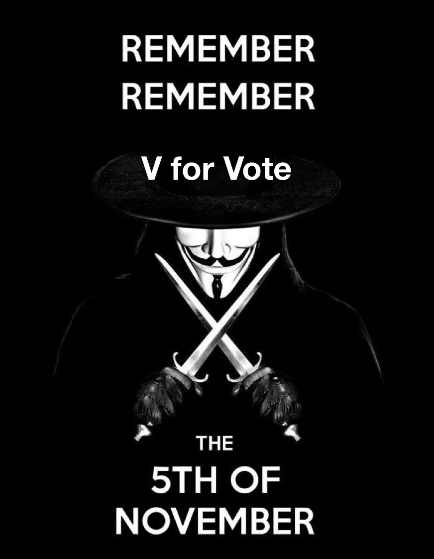 A black-and-white image features the iconic Guy Fawkes mask from 'V for Vendetta,' holding two crossed swords. Overlaid text…