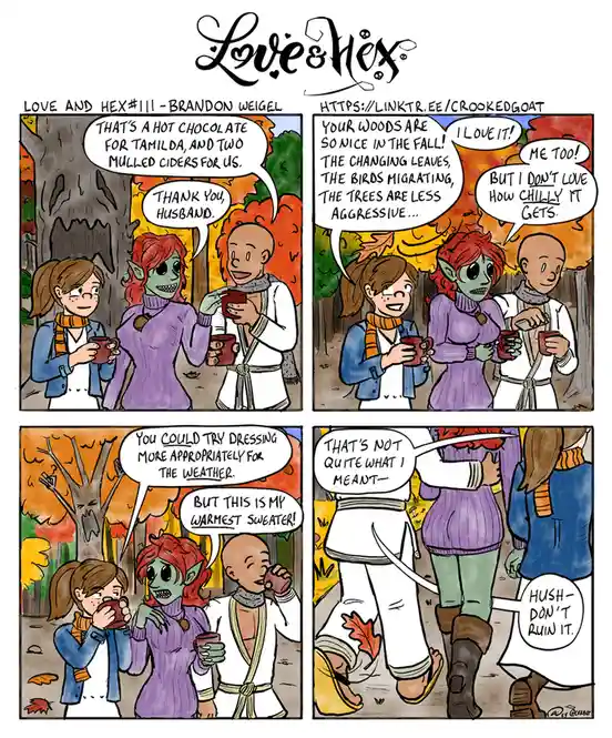 A four-panel comic strip from 'Love & Hex' by Brandon Weigel shows three characters enjoying autumn in a forest. A man…
