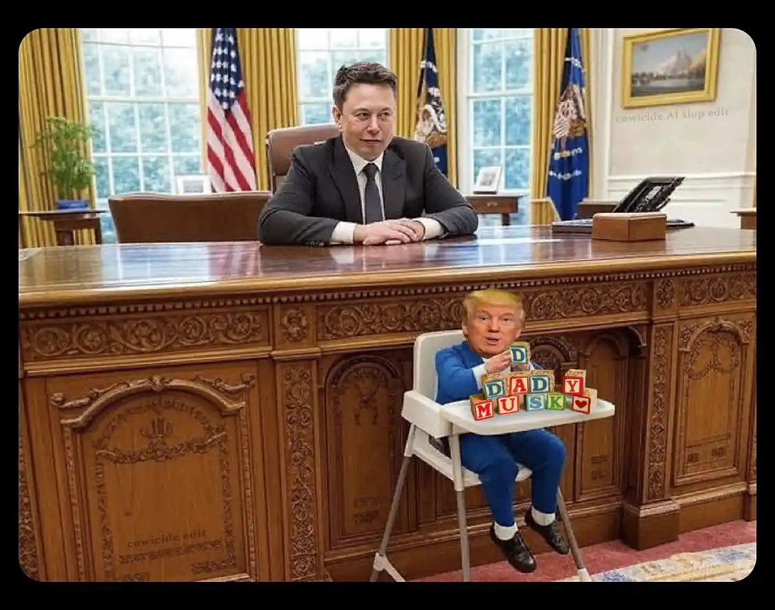 An edited image shows Elon Musk sitting at a large wooden presidential desk in an Oval Office-like setting with American…