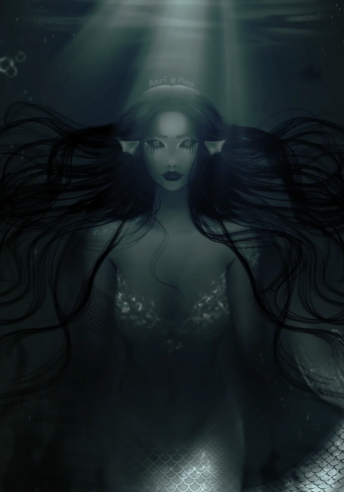 An underwater illustration of a dark-haired mermaid with pointed ears, wearing a sparkling top and scale-patterned tail, her…
