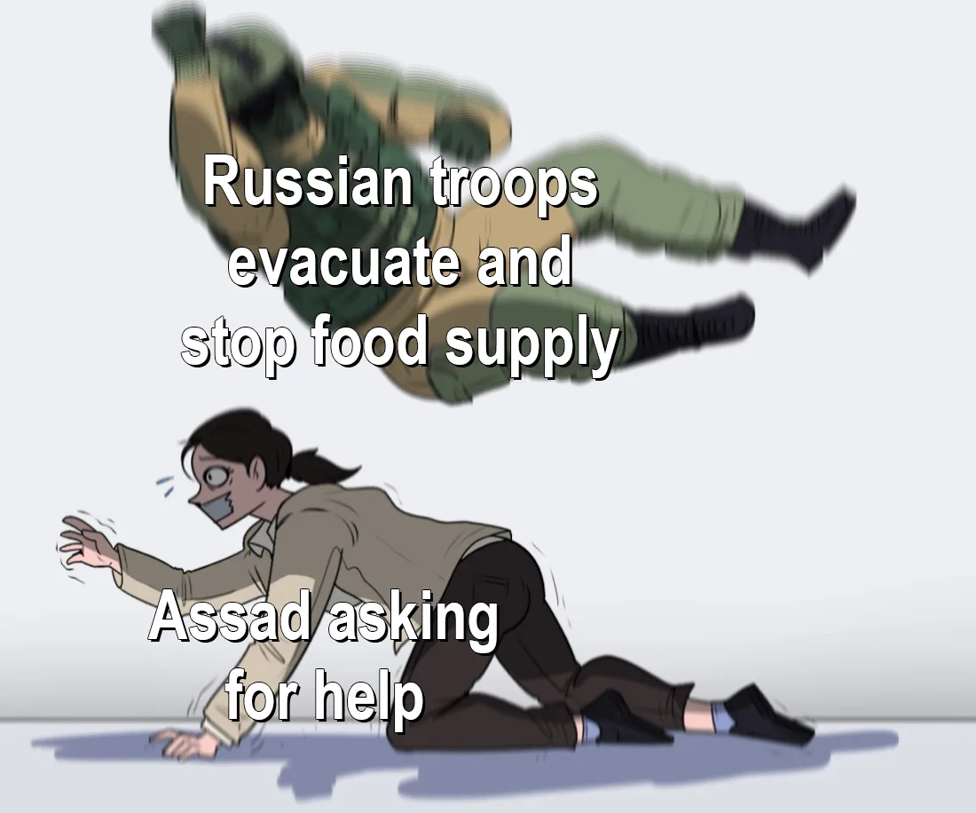 An anime-style image shows a masked woman crawling on the floor, reaching out desperately, labeled 'Assad asking for help'…