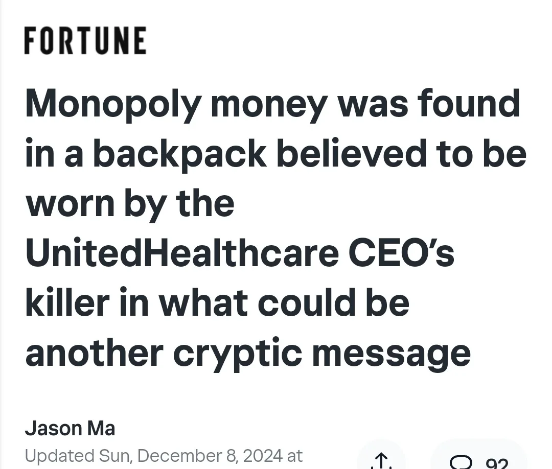 The image displays a screenshot of a Fortune article headline stating that Monopoly money was found in a backpack believed…