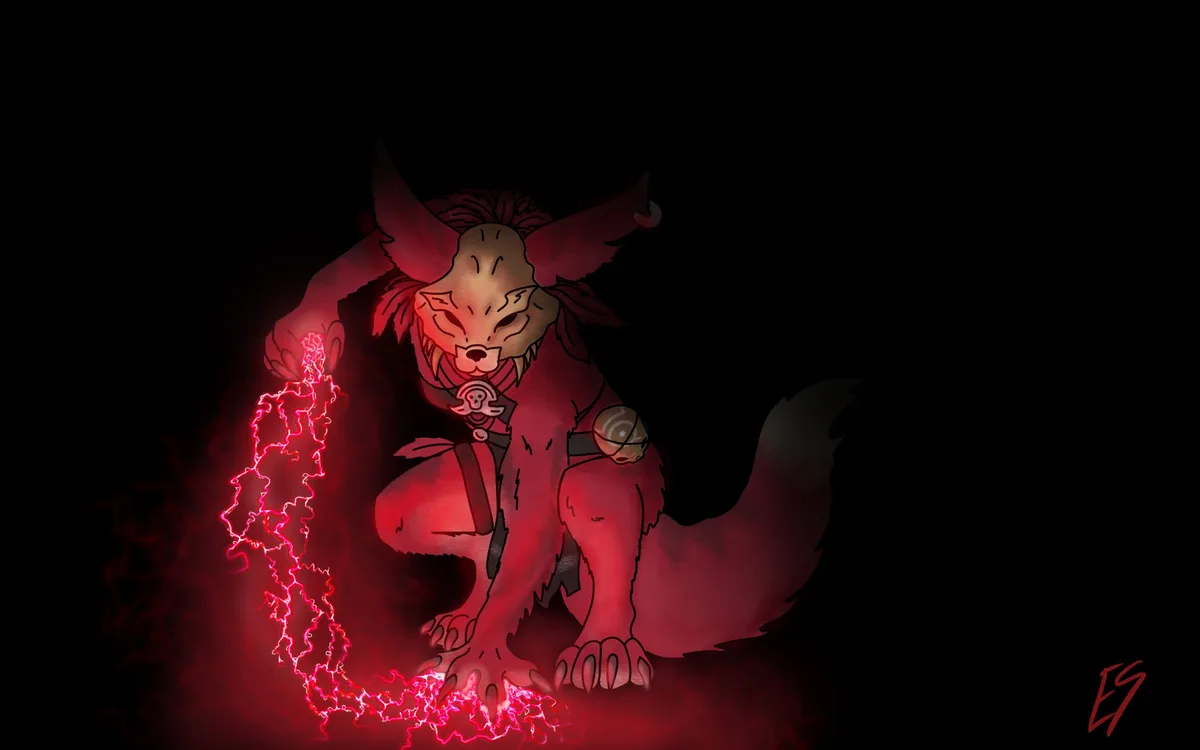 A stylized, menacing anthropomorphic fox with glowing red eyes and a long tail crouches in a dark setting, surrounded by…