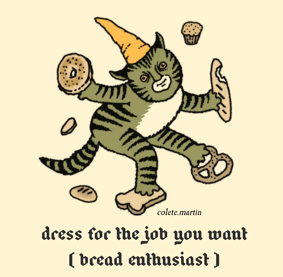 A cartoon green tabby cat wearing a yellow party hat and holding various bread items like a bagel, pretzel, and muffin, with…