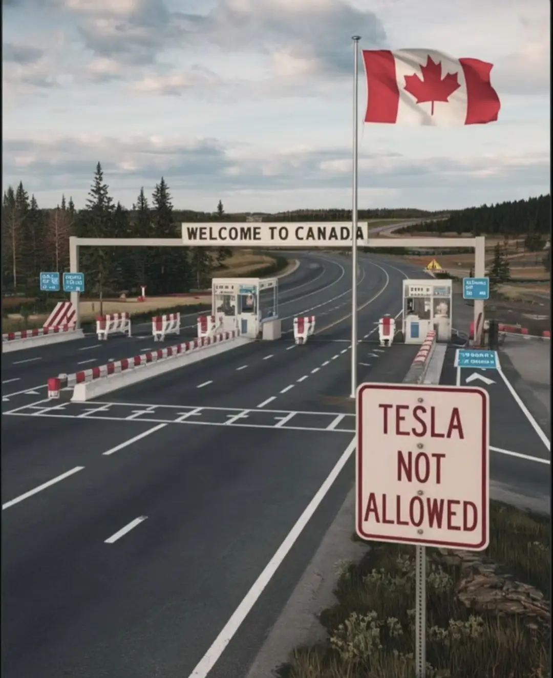 A photo of a Canadian border crossing with a 'WELCOME TO CANADA' sign and a waving Canadian flag. In the foreground, a…