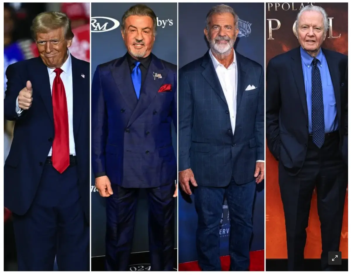 A four-panel image collage shows Donald Trump giving a thumbs-up, Sylvester Stallone in a blue suit, Mel Gibson in a…