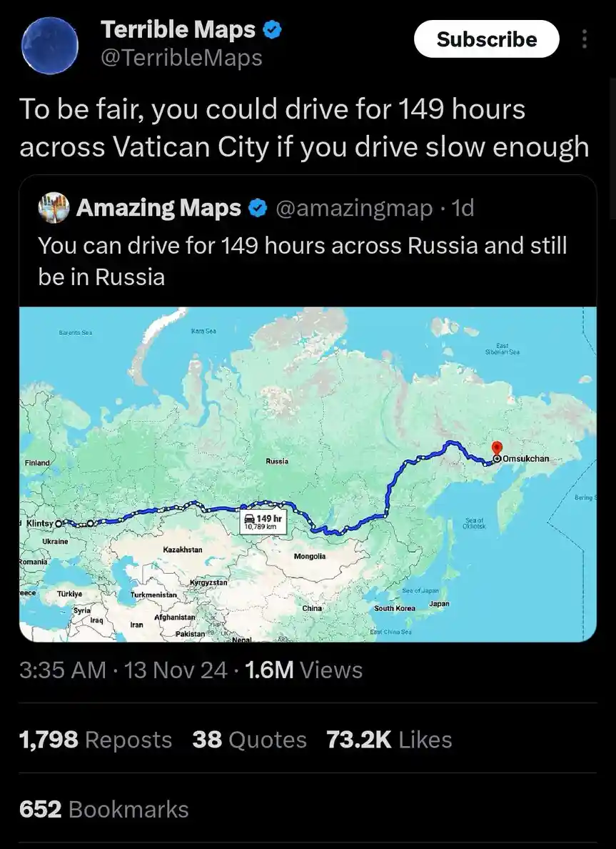 A screenshot of a Twitter thread where 'Terrible Maps' responds to 'Amazing Maps' by claiming you could drive 149 hours…