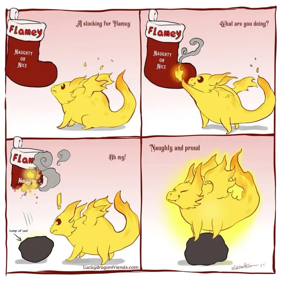 A four-panel comic shows a yellow dragon named Flamey interacting with a red Christmas stocking labeled 'Flamey' and…