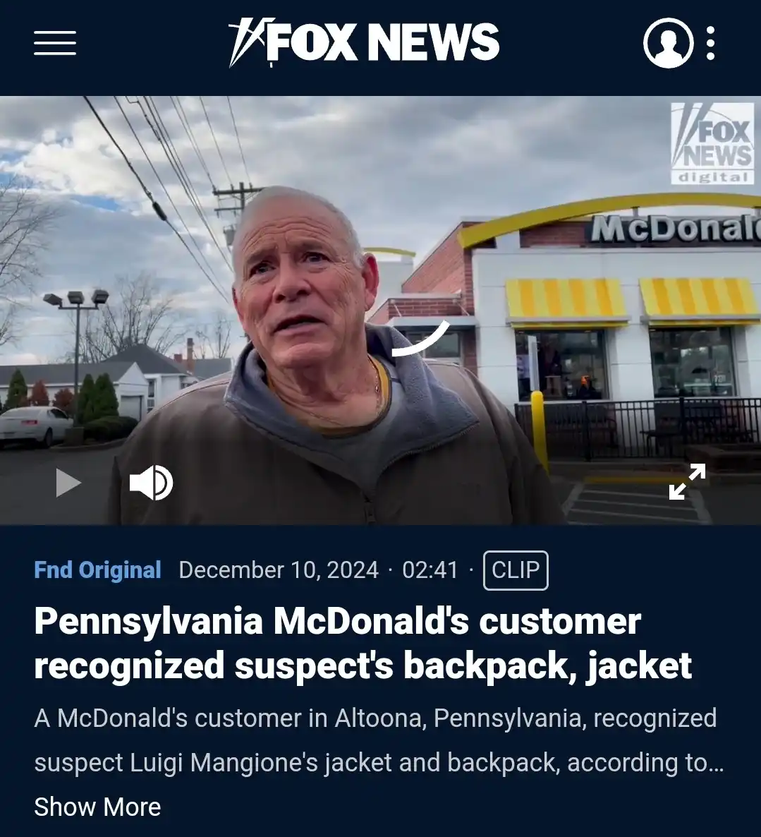 A screenshot of a Fox News digital video clip shows an older man in a brown jacket standing outside a McDonald's restaurant…