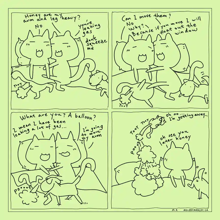 A four-panel comic strip featuring two cartoon cats and a small dog. In the first panel, one cat asks the other if their arm…
