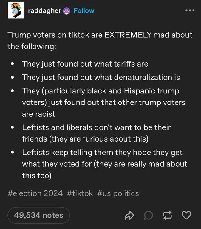 A screenshot of a TikTok post by user 'raddagher' with a dark background and white text listing grievances of Trump voters…