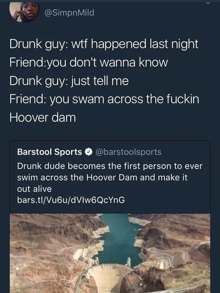 The image shows a screenshot of a tweet from @SimpnMild, which features a conversation between a drunk guy and his friend…
