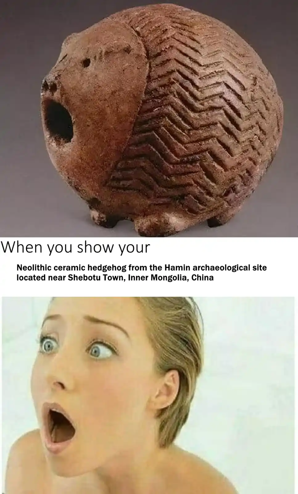 The image displays a two-panel meme. The top panel shows a brown, ancient ceramic artifact shaped like a hedgehog with a…