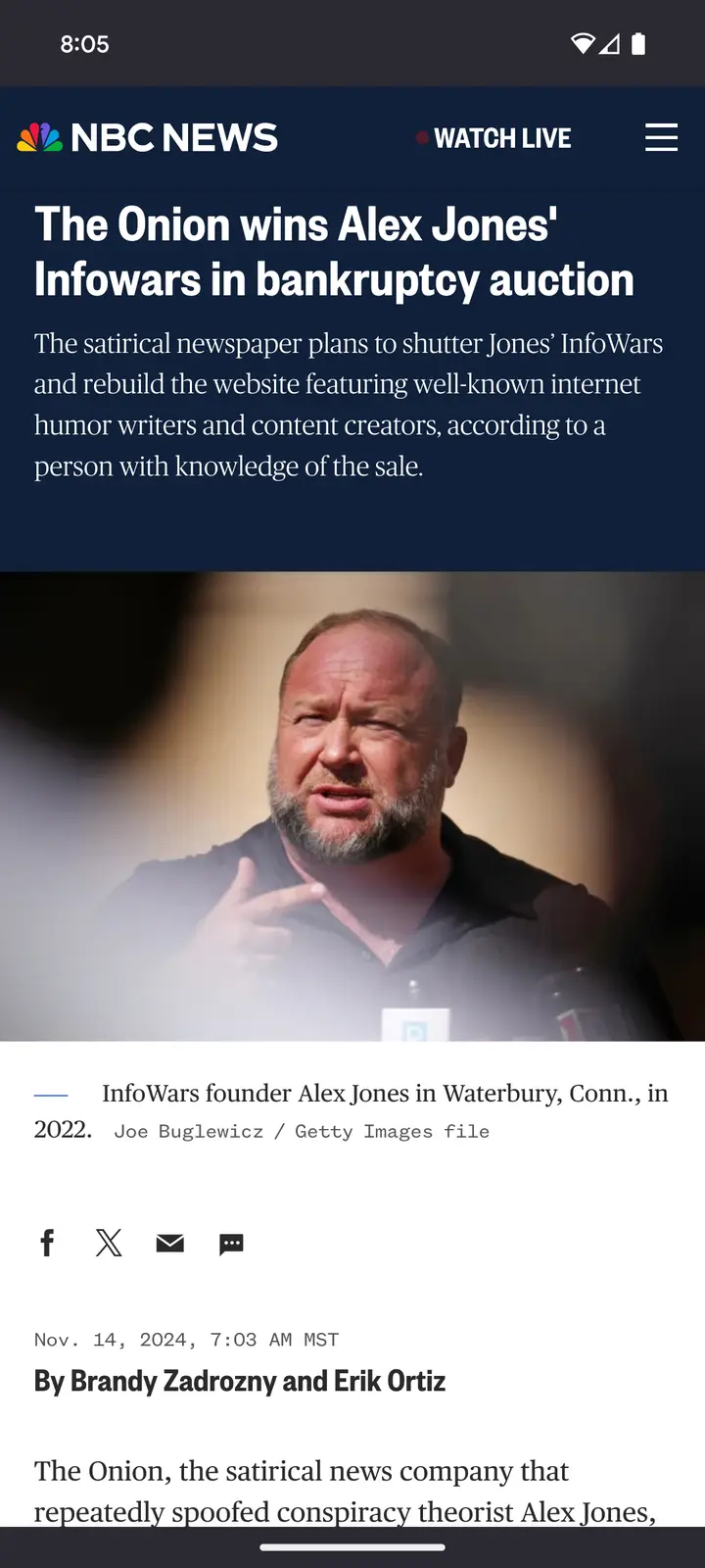 A screenshot of an NBC News article headlined 'The Onion wins Alex Jones' Infowars in bankruptcy auction,' featuring a photo…