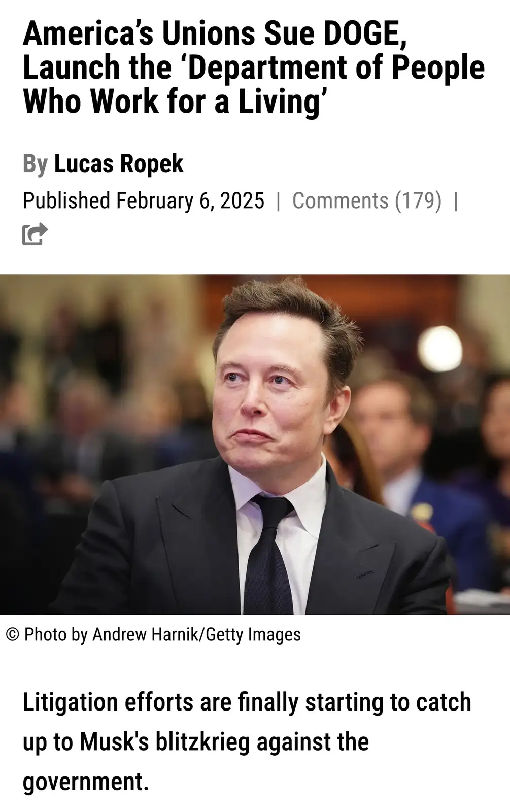 The image shows a news article layout with a headline reading 'America's Unions Sue DOGE, Launch the 'Department of People…