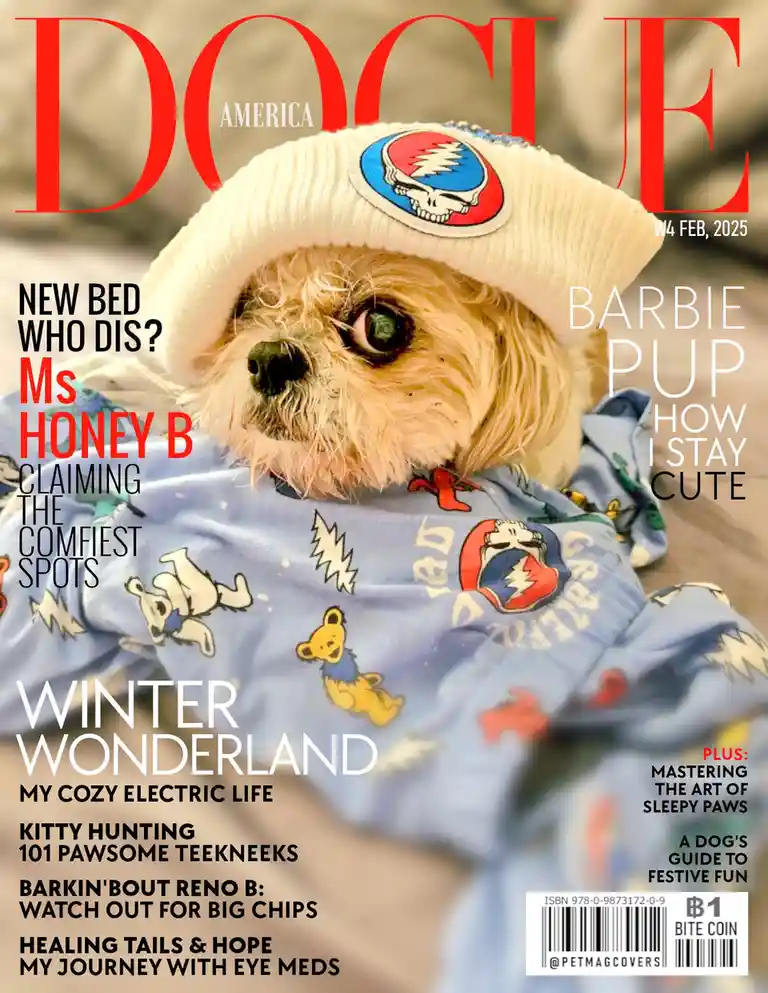 A small, fluffy dog wearing a white beanie with a Grateful Dead skull patch and a blue pajama shirt with cartoon bears and…
