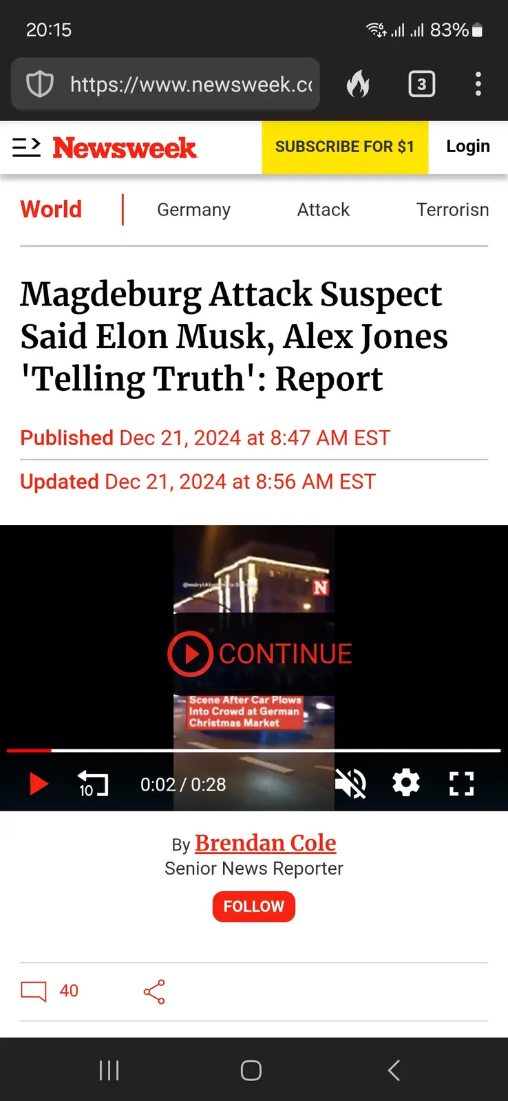 A screenshot of a Newsweek article titled 'Magdeburg Attack Suspect Said Elon Musk, Alex Jones 'Telling Truth': Report'…