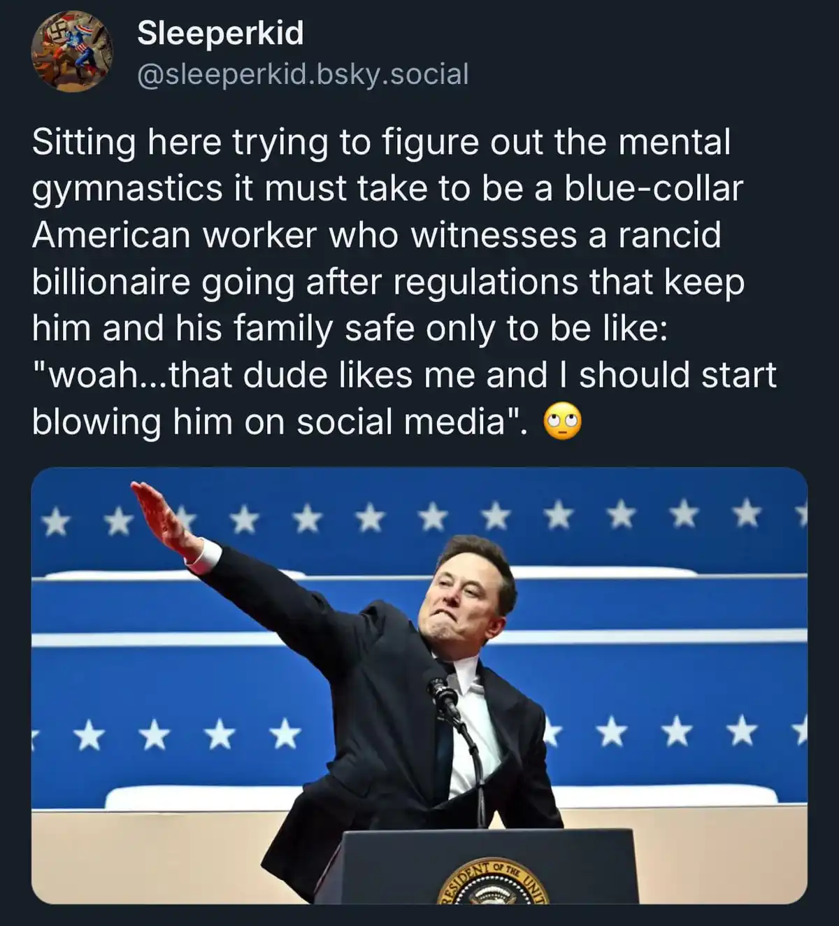 A screenshot of a social media post by 'Sleeperkid' featuring a photo of Elon Musk at a podium with a blue starry backdrop…