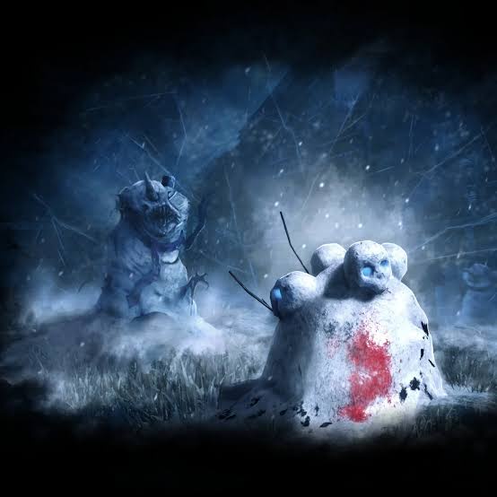 A dark, snowy scene features two snowmen; one in the foreground is a classic snowman with a red heart painted on its torso…
