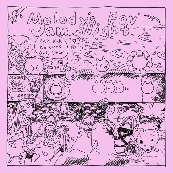 A pink-toned, hand-drawn comic strip titled 'Melody's Fav Jam Night' depicts a chaotic, whimsical scene with cartoon animals…