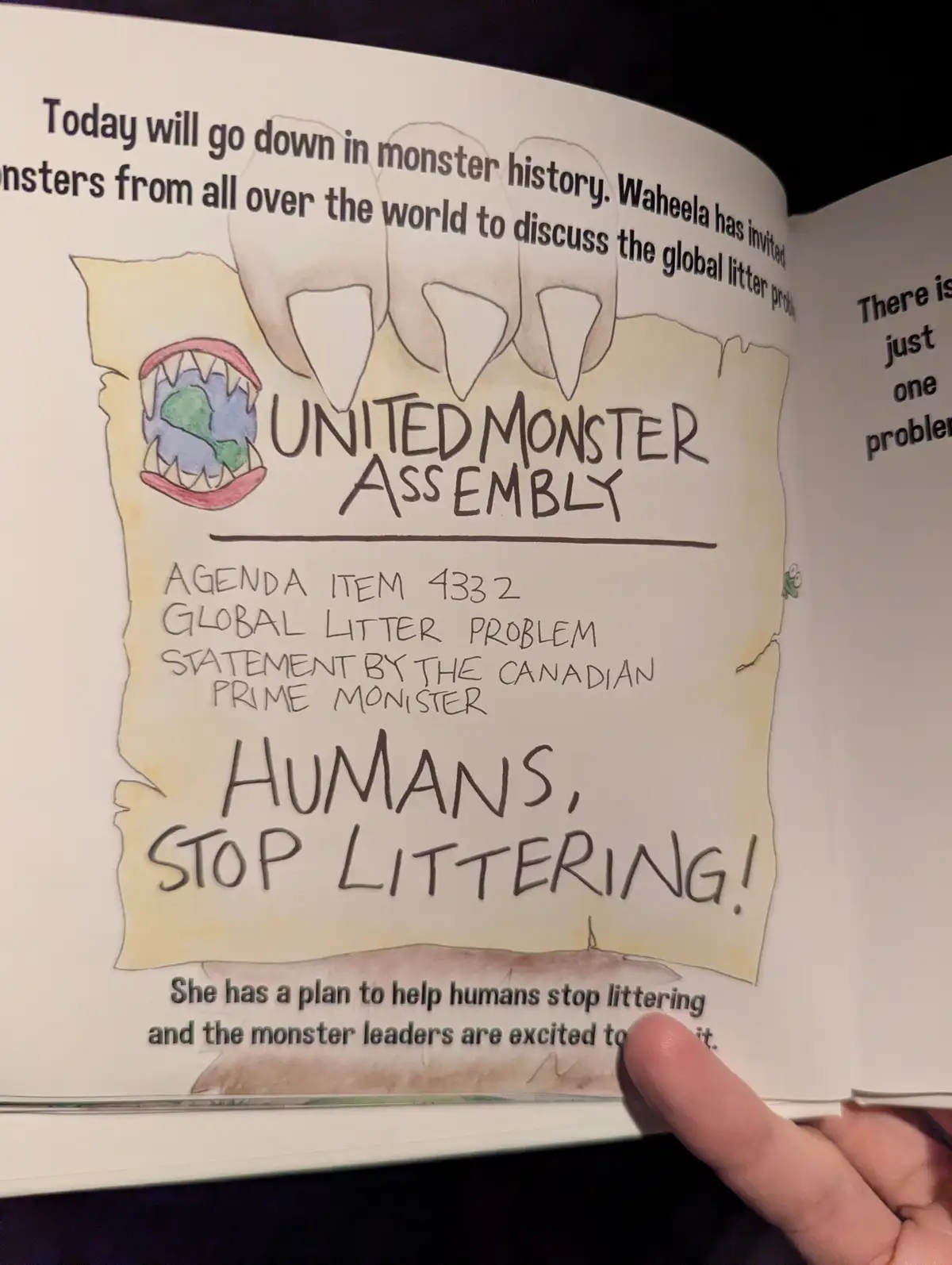 A page from a children's book shows a cartoonish 'United Monster Assembly' agenda item about the global litter problem, with…